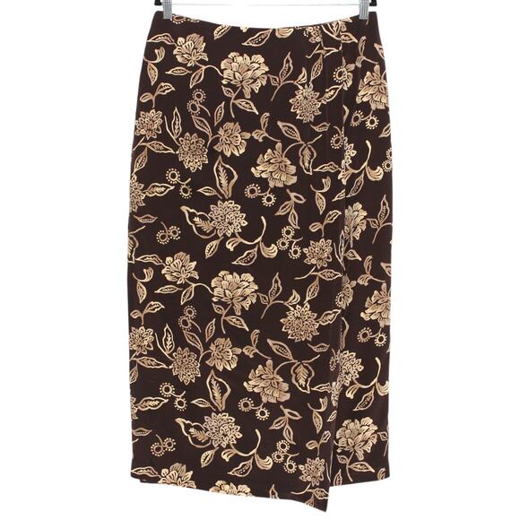 Vintage Josephine Chaus 100% Silk Brown Tan Floral Midi Skirt Size 14 - Picture 2 of 8
